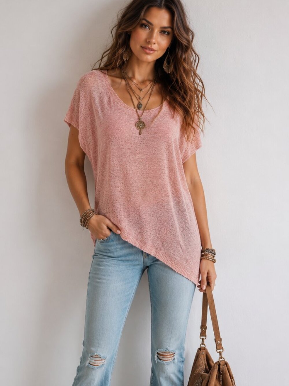 Free People Linen blend Peach Marled Asymmetric Hem Knit Boho Tunic Top
